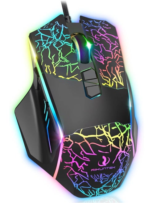 RIIKUNTEK RGB ماوس الألعاب - 8 أزرار قابلة للبرمجة (زر إطلاق النار) - 7200 نقطة في البوصة - إضاءة خلفية RGB - ماوس بصري مريح سلكي USB مع أزرار جانبية للكمبيوتر الشخصي والكمبيوتر المحمول