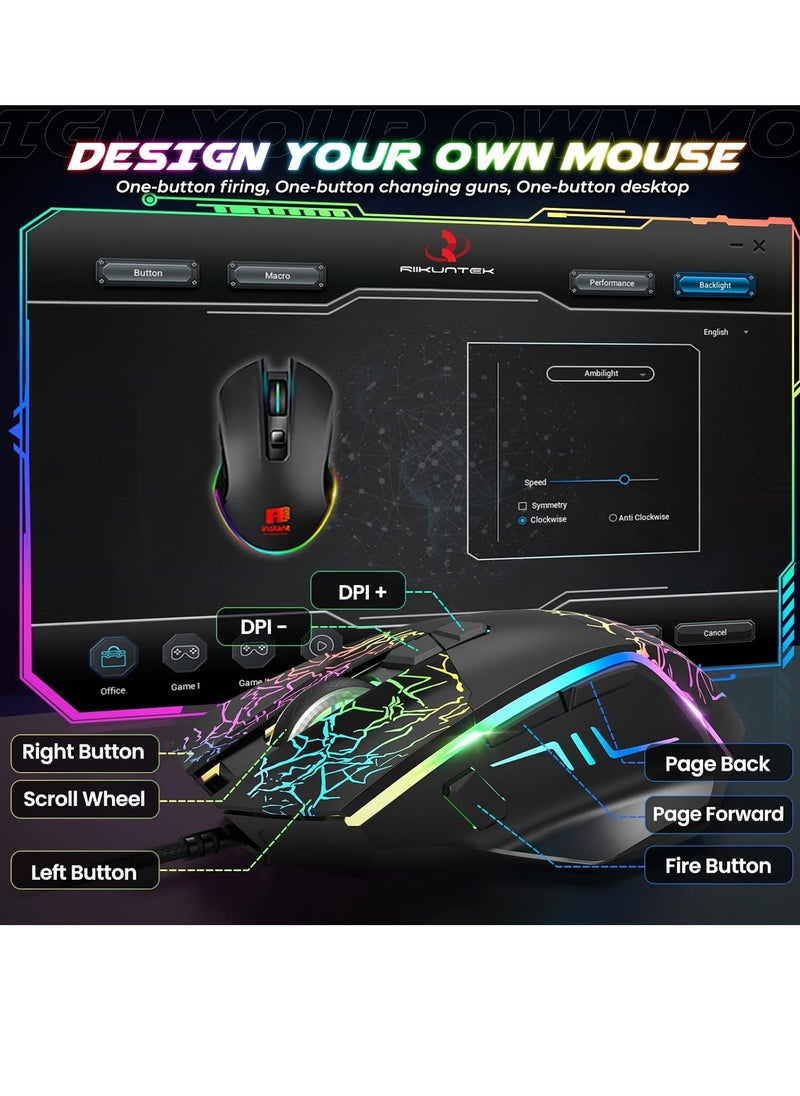 RIIKUNTEK RGB ماوس الألعاب - 8 أزرار قابلة للبرمجة (زر إطلاق النار) - 7200 نقطة في البوصة - إضاءة خلفية RGB - ماوس بصري مريح سلكي USB مع أزرار جانبية للكمبيوتر الشخصي والكمبيوتر المحمول