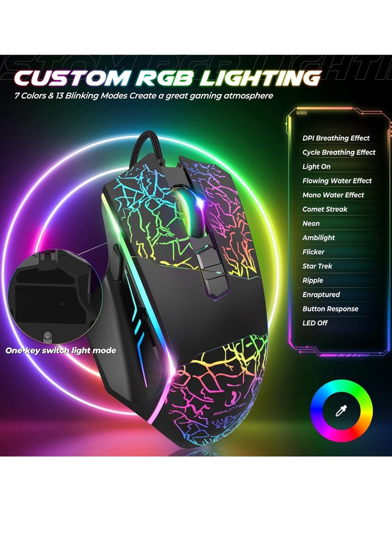 RIIKUNTEK RGB ماوس الألعاب - 8 أزرار قابلة للبرمجة (زر إطلاق النار) - 7200 نقطة في البوصة - إضاءة خلفية RGB - ماوس بصري مريح سلكي USB مع أزرار جانبية للكمبيوتر الشخصي والكمبيوتر المحمول