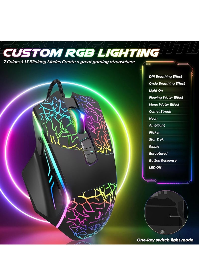 RIIKUNTEK RGB ماوس الألعاب - 8 أزرار قابلة للبرمجة (زر إطلاق النار) - 7200 نقطة في البوصة - إضاءة خلفية RGB - ماوس بصري مريح سلكي USB مع أزرار جانبية للكمبيوتر الشخصي والكمبيوتر المحمول