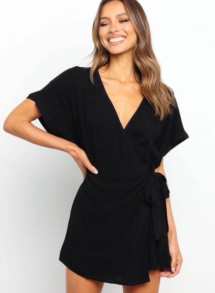 Loquat Women's Solid Color Lace-up Jumpsuit Elastic Waist Slimming V-Neck Short-Sleeved Jumpsuit - Image 1