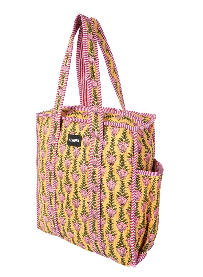 SENORA Quilted Tote Bag for Women | Jaipuri Hand Block Print Shoulder Handbag | Eco-Friendly Reusable Travel & Shopping Carryall (Floral Yellow) - Image 1