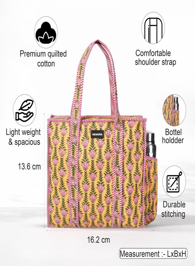 SENORA Quilted Tote Bag for Women | Jaipuri Hand Block Print Shoulder Handbag | Eco-Friendly Reusable Travel & Shopping Carryall (Floral Yellow) - Image 4