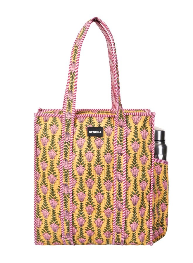 SENORA Quilted Tote Bag for Women | Jaipuri Hand Block Print Shoulder Handbag | Eco-Friendly Reusable Travel & Shopping Carryall (Floral Yellow) - Image 3