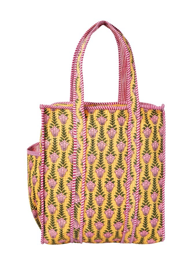 SENORA Quilted Tote Bag for Women | Jaipuri Hand Block Print Shoulder Handbag | Eco-Friendly Reusable Travel & Shopping Carryall (Floral Yellow) - Image 5