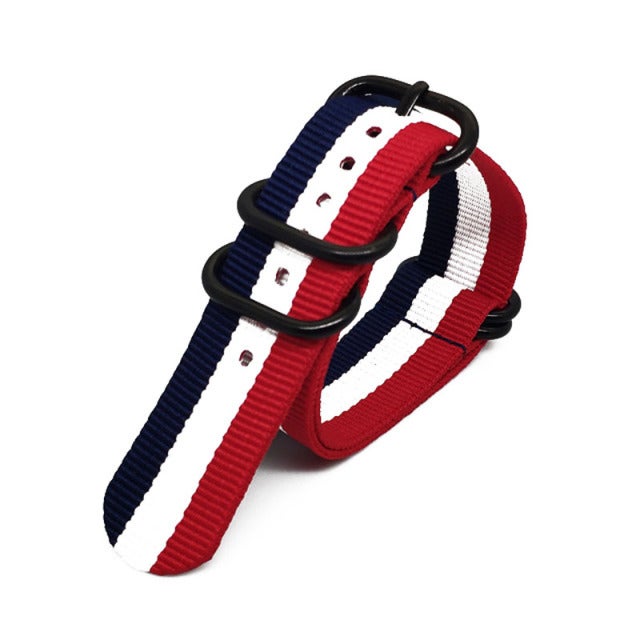 Generic Spot for ZULU NATO NATO Five-Ring Nylon Strap Thickened Canvas Watch Band 20 22mm 24mm B9 blue white red 
