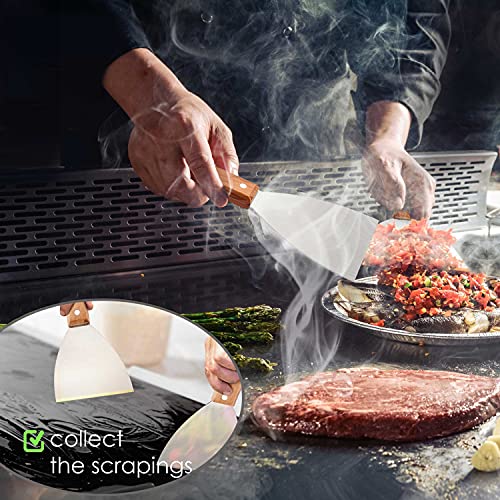Leonyo Grill Griddle Scraper Set of 2, Stainless Steel Metal Flat Top Grill Scraper Tool for Dough Pancake Pizza Home Baking Cooking Teppanyaki BBQ, Wooden Handle - Image 4