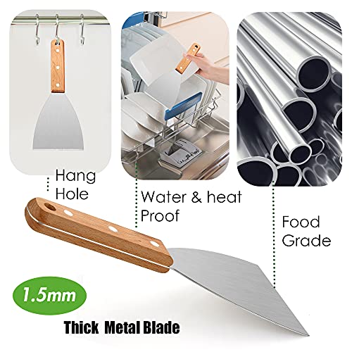 Leonyo Grill Griddle Scraper Set of 2, Stainless Steel Metal Flat Top Grill Scraper Tool for Dough Pancake Pizza Home Baking Cooking Teppanyaki BBQ, Wooden Handle - Image 2