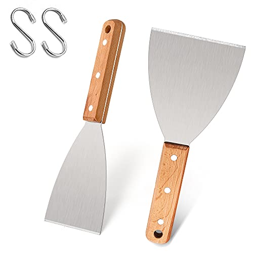 Leonyo Grill Griddle Scraper Set of 2, Stainless Steel Metal Flat Top Grill Scraper Tool for Dough Pancake Pizza Home Baking Cooking Teppanyaki BBQ, Wooden Handle - Image 1