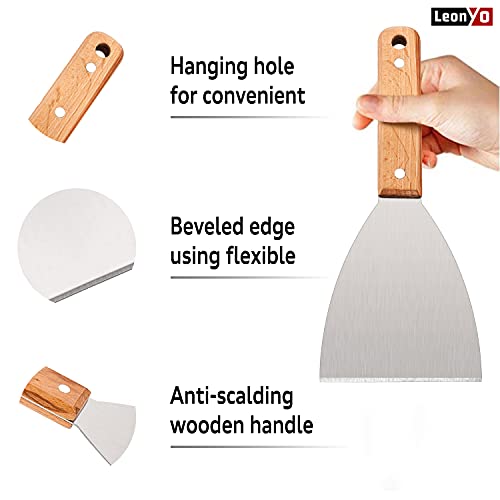 Leonyo Grill Griddle Scraper Set of 2, Stainless Steel Metal Flat Top Grill Scraper Tool for Dough Pancake Pizza Home Baking Cooking Teppanyaki BBQ, Wooden Handle - Image 3