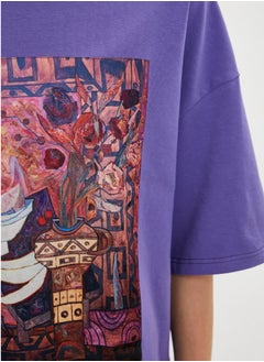 Artograph Women oversize premium cotton purple T-shirt with artist unique painting Flowers and fruits  - Image 2