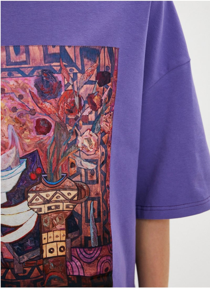 Artograph Women oversize premium cotton purple T-shirt with artist unique painting Flowers and fruits  - Image 2