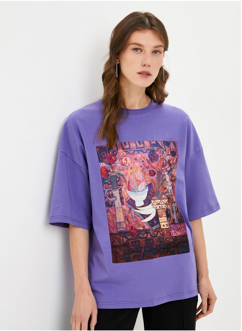 Artograph Women oversize premium cotton purple T-shirt with artist unique painting Flowers and fruits  - Image 1