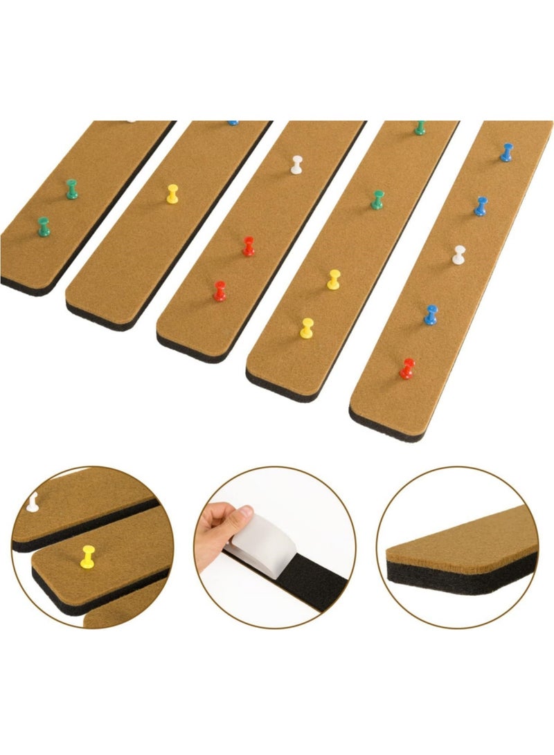 saykfoe 5 Pack Felt Pin Board Bar Strips Bulletin Board for Bedrooms Offices Home Wall Decoration, Notice Board Self Adhesive Cork Board with 35 Push Pins for Paste Notes, Photos, Schedules (Brown) - Image 3