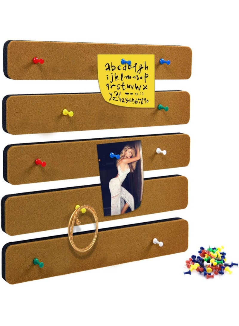 saykfoe 5 Pack Felt Pin Board Bar Strips Bulletin Board for Bedrooms Offices Home Wall Decoration, Notice Board Self Adhesive Cork Board with 35 Push Pins for Paste Notes, Photos, Schedules (Brown) - Image 1