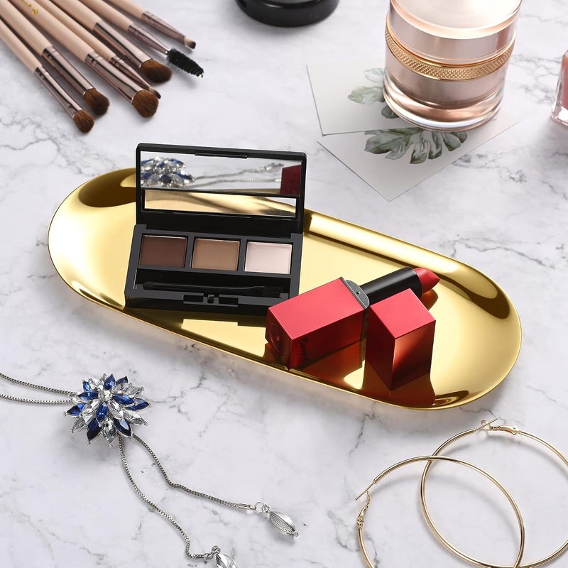 Bidponds 2 Pack Gold Oval Vanity Tray, Stainless Steel Jewelry Tray, Bathroom Tray, Makeup Cosmetic Trays,Towel Napkin Tray,Storage Organizer, 9 x 3.8 inches (LxW),Medium - Image 5
