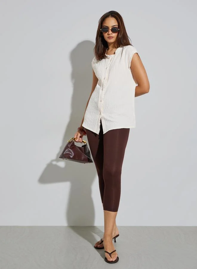 Styli Cream Textured Sleeveless Shirt