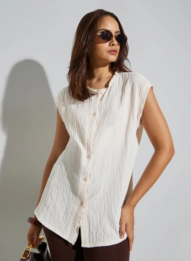 Styli Cream Textured Sleeveless Shirt
