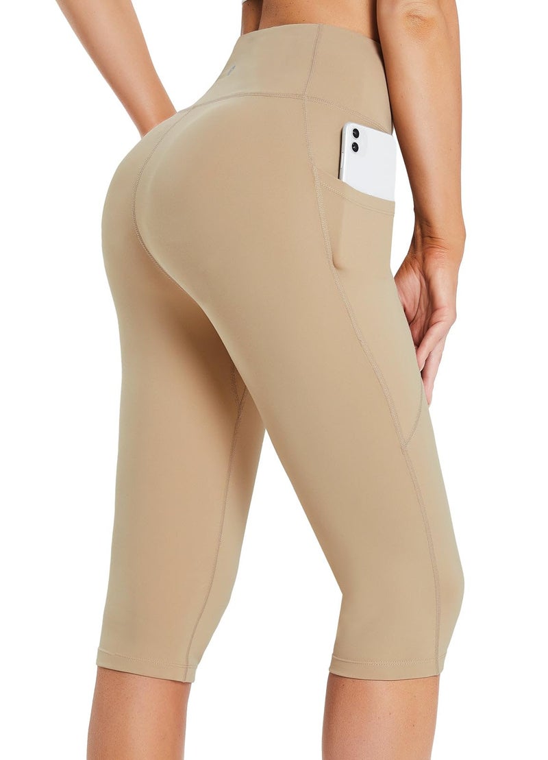 baleaf Capri Leggings for Women High Waisted Capri Pants with Pockets Knee Length Yoga Workout Casual Exercise Navy Blue M - Image 1