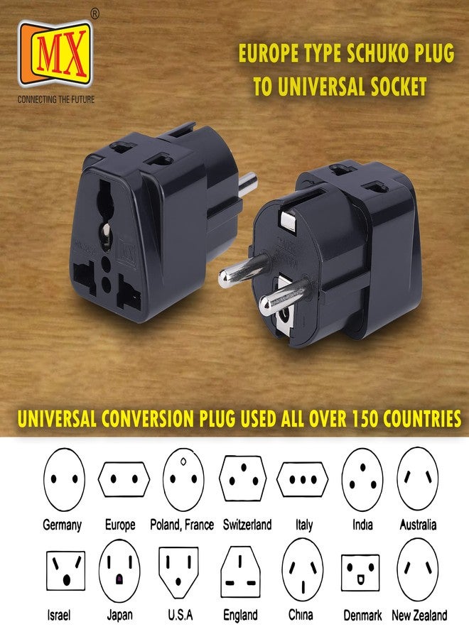 MX Europe Travel Adapter India to Europe | Universal 2 Pin & 3 Pin Socket | Type E/F Schuko Plug | Travel Adapter for Home, Office & Travel | Black, 2 Pieces - Image 4