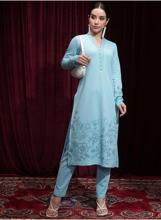 Vishudh Women Blue Floral Kurta and Trouser Set by Styli  - Image 1