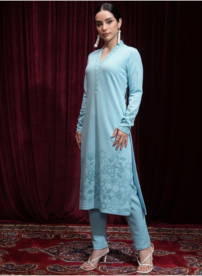 Vishudh Women Blue Floral Kurta and Trouser Set by Styli  - Image 2