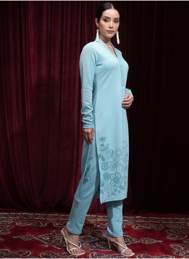 Vishudh Women Blue Floral Kurta and Trouser Set by Styli  - Image 4