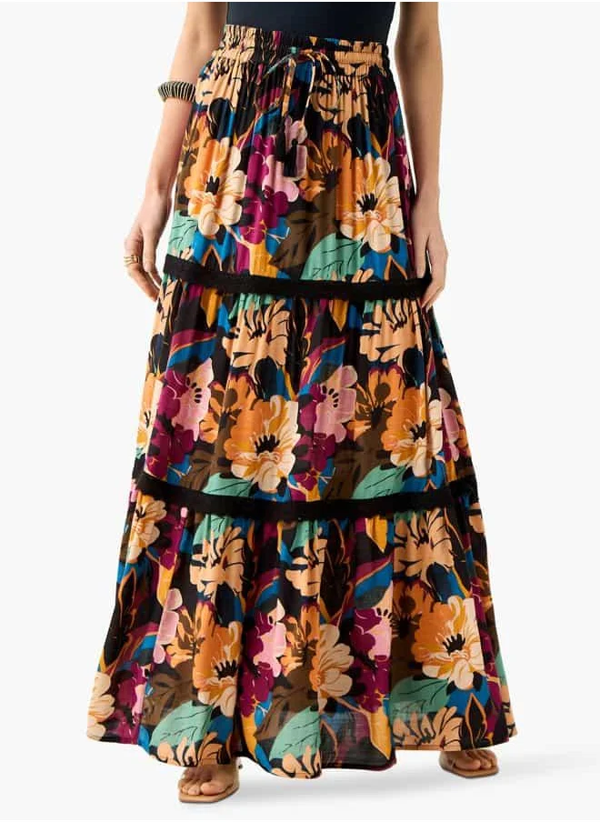 فاف Floral Print Tiered Maxi Skirt with Elasticated Waistband