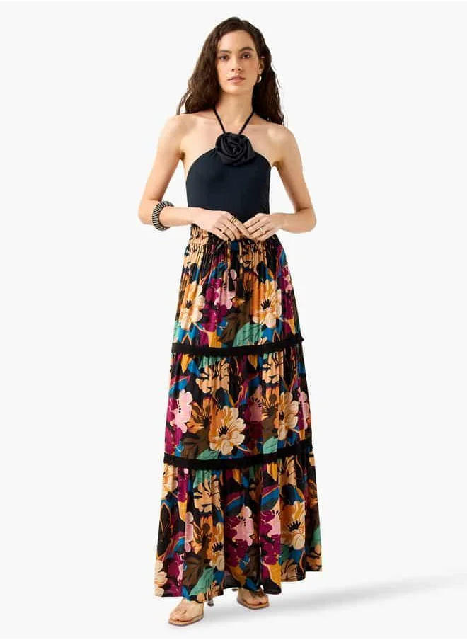 فاف Floral Print Tiered Maxi Skirt with Elasticated Waistband