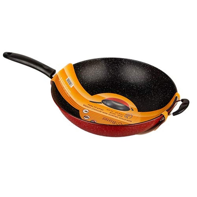 Bister Non-Stick Wok Pan with Two Side Handles, 32 cm, Black and Red, Stainless Steel Base for Stovetop Cooking - Image 1