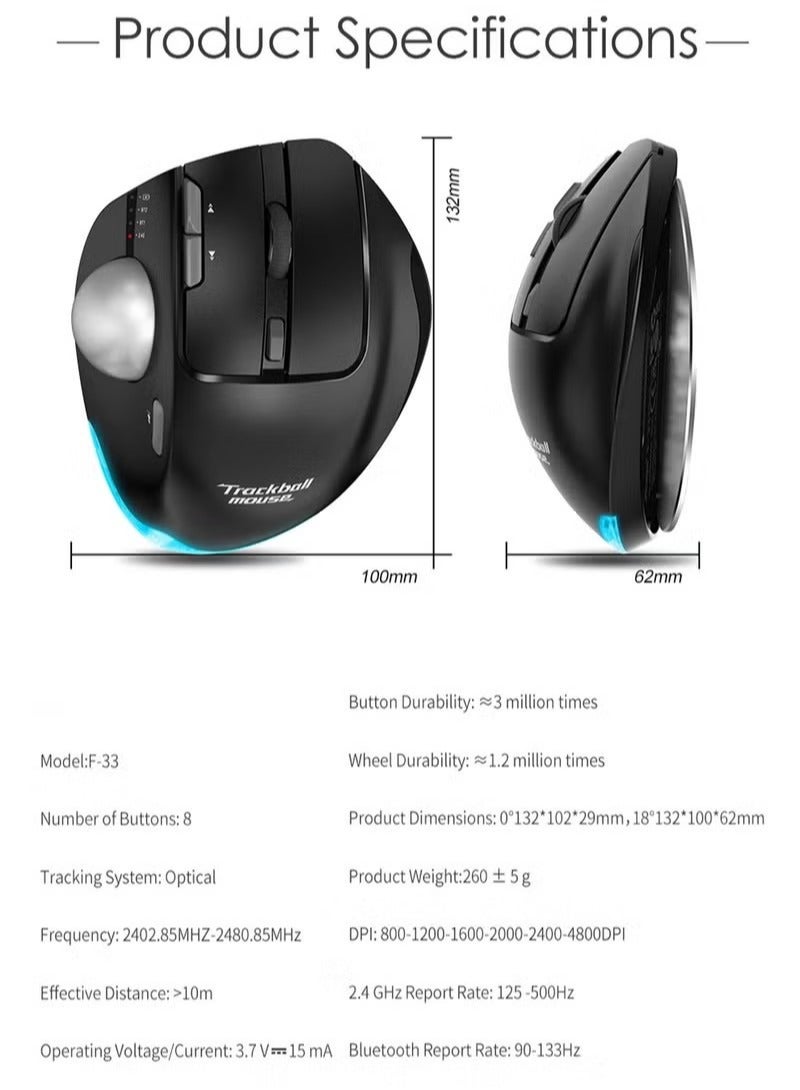 ZELOTES Wireless Bluetooth Trackball Mouse 2.4G RGB Ergonomic Rechargeable Roller Axis Mouse 3 Devices - Image 5