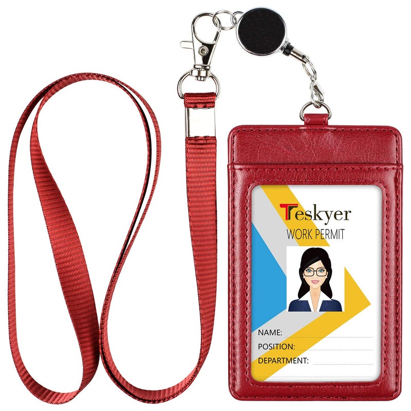 Teskyer Leather Badge Holder with Lanyard and Badge Reel, Retractable Lanyard ID Card Holder for Office School Name Work IDs, Wine Red - Image 1