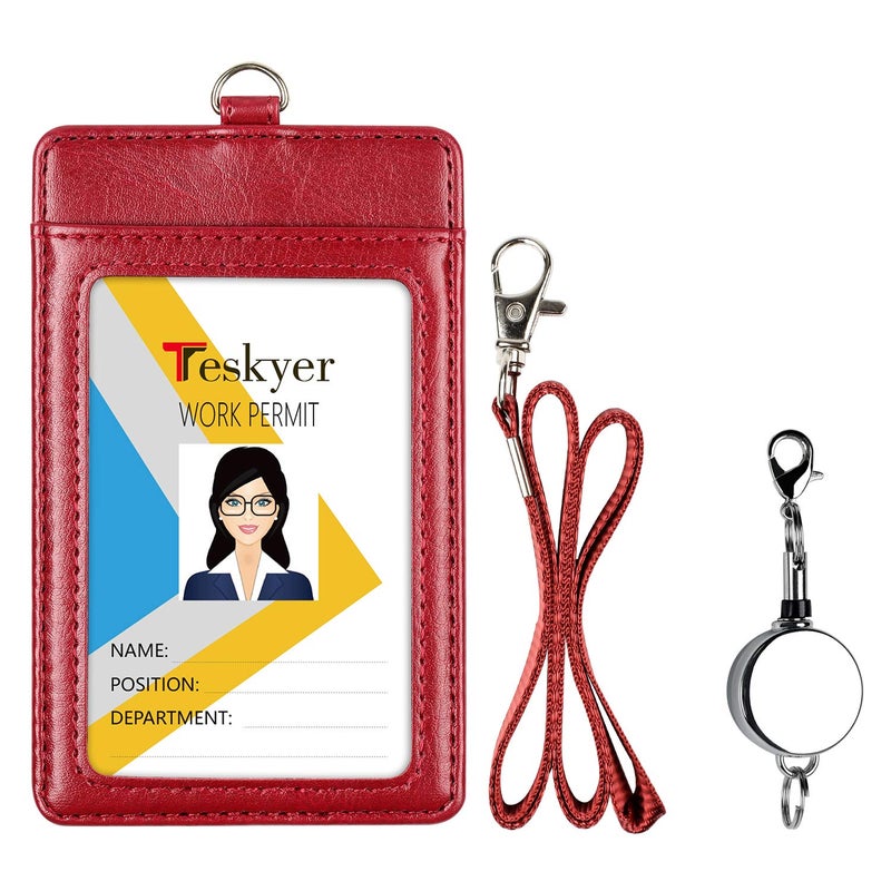 Teskyer Leather Badge Holder with Lanyard and Badge Reel, Retractable Lanyard ID Card Holder for Office School Name Work IDs, Wine Red - Image 3