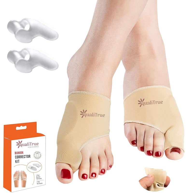 QualiTrue Toe Separator Bunion Corrector For Women Free Silicone Guard Bunion Thumb Corrector Plantar Fasciitis Relief Product Gel Pad Cushion, Toe Brace, Spacers, Bunion Splint Hallux Valgus Fits With Shoes And Socks Uk4 To Uk8 (Bunion Brace + Toe Guard) - Image 1