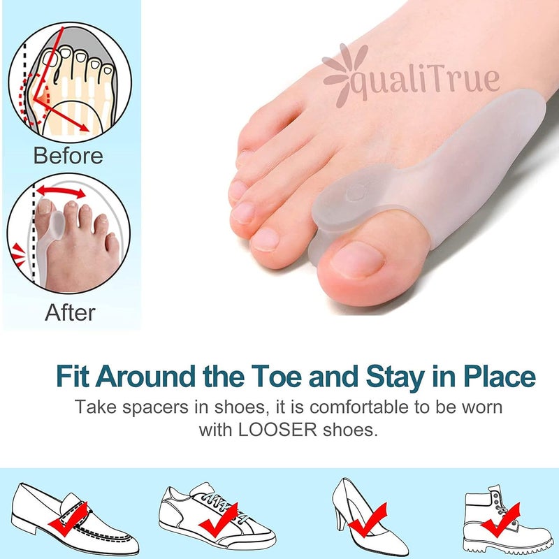 QualiTrue Toe Separator Bunion Corrector For Women Free Silicone Guard Bunion Thumb Corrector Plantar Fasciitis Relief Product Gel Pad Cushion, Toe Brace, Spacers, Bunion Splint Hallux Valgus Fits With Shoes And Socks Uk4 To Uk8 (Bunion Brace + Toe Guard) - Image 5