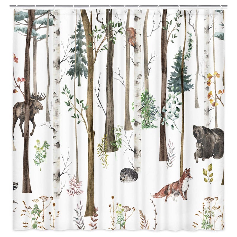 VeiVian Rustic Forest Shower Curtain for Bathroom Lodge Cabin Country Hunting Decor Wild Animal Bear Moose Deer Fox Design 70x70IN with 12 Hooks 
