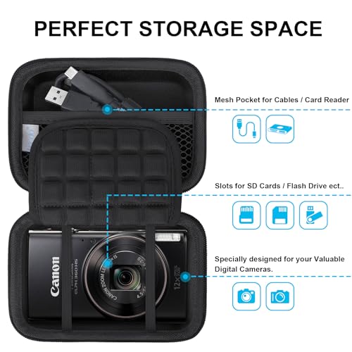 Lacdo Camera Carrying Case for Canon PowerShot ELPH 360/200/185/180/190/350, Sony Cyber-Shot DSC-W830/WX350/WX500/W810/W800 Digital Camera, Hard EVA Protective Camera Storage Trave Bag, Black+Black - Image 2