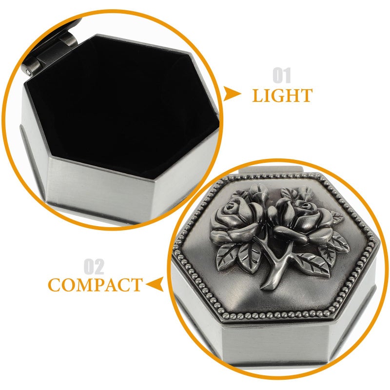 Hexagon Metal Jewelry Box Vintage Rose Embossed Lid Small Trinket Organizer for Rings and Accessories - Image 4