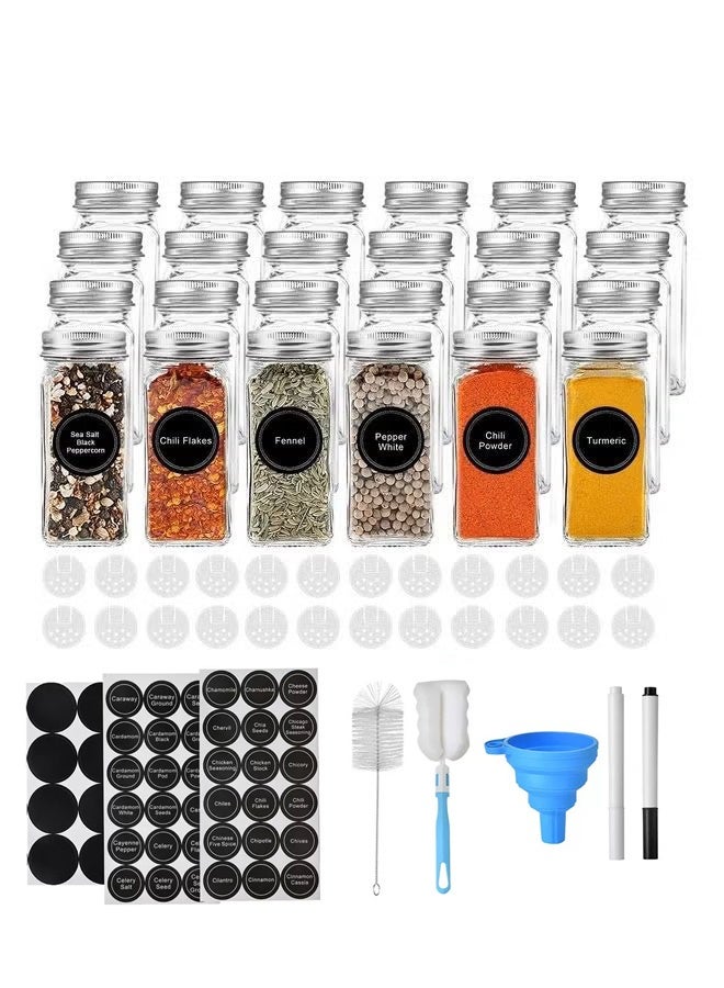 Sunspire 24 Piece Glass Spice Jar Set with Airtight Metal Lid - 120ml Empty Square Glass Food Storage Container Jar with Shaker Lid, Label, Silicone Folding Funnel, Cleaning Brush, Marker Pen  - Image 1