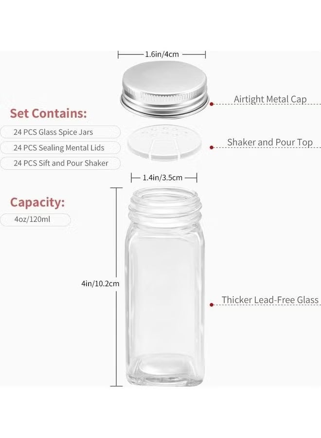 Sunspire 24 Piece Glass Spice Jar Set with Airtight Metal Lid - 120ml Empty Square Glass Food Storage Container Jar with Shaker Lid, Label, Silicone Folding Funnel, Cleaning Brush, Marker Pen  - Image 3