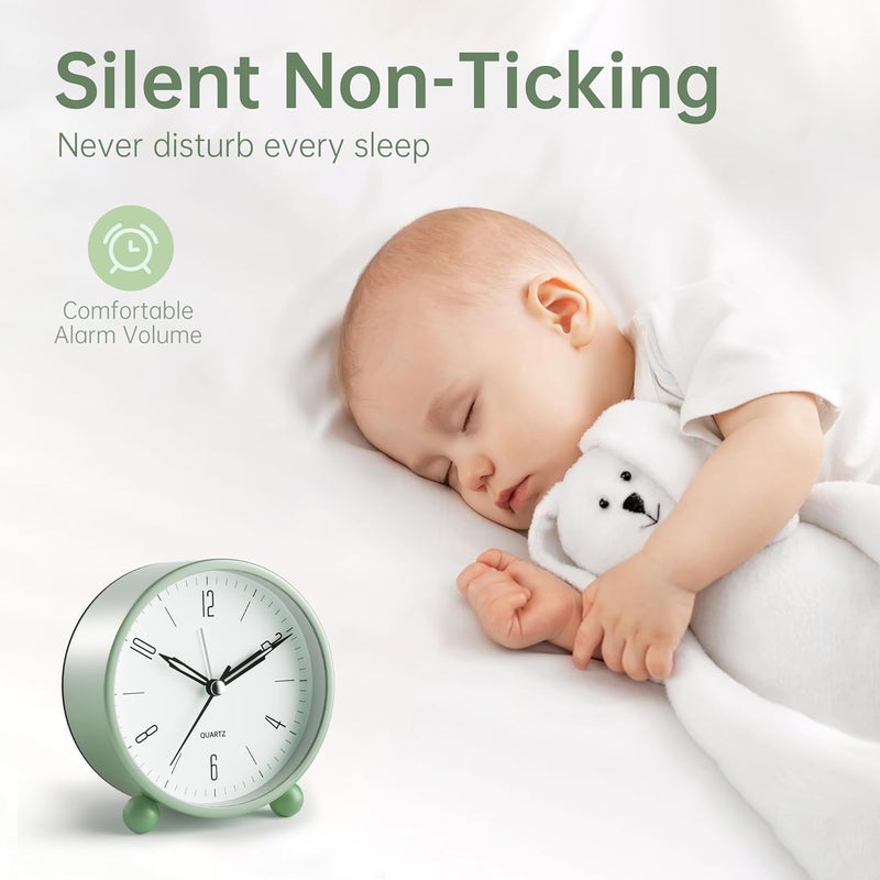 IDEA CHASERS Plastic Analog Alarm Clock 4 Inch Super Silent Non Ticking Small Clock with Night Light Battery Operated Simply Design for Bedroon Bedside Desk - Image 2