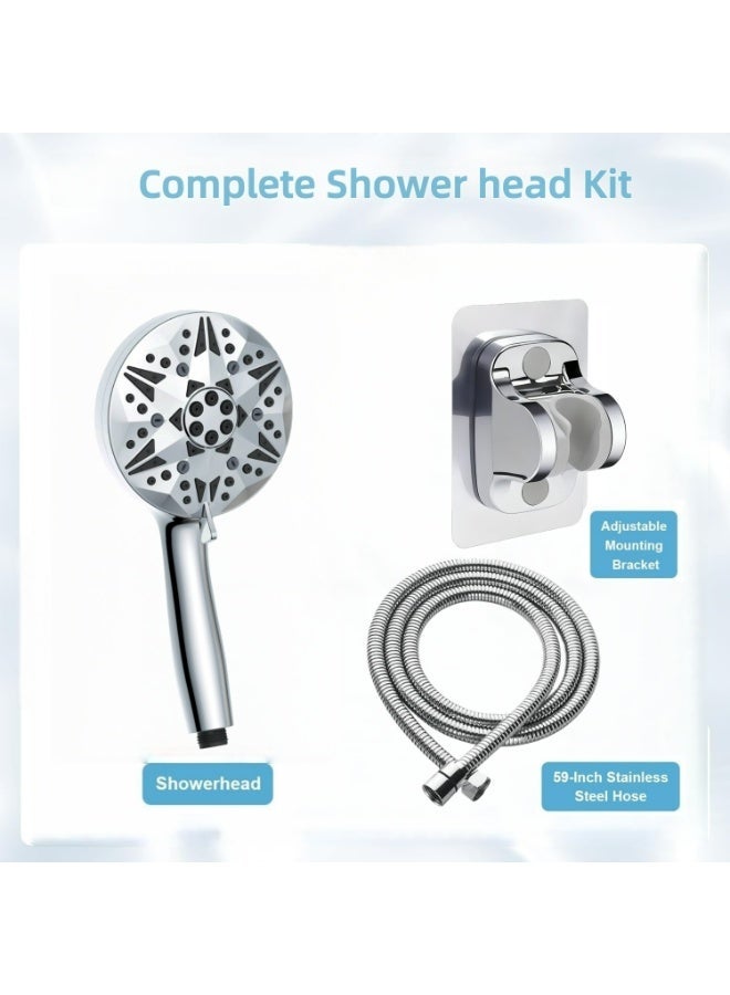 رأس دش عالي الضغط مع رأس دش محمول باليد، 10 أوضاع رش مع خرطوم من الفولاذ المقاوم للصدأ مقاس 59 بوصة وحامل دش غير مثقوب، سهل التركيب، فلتر متضمن، نفث طاقة للتنظيف - Image 2