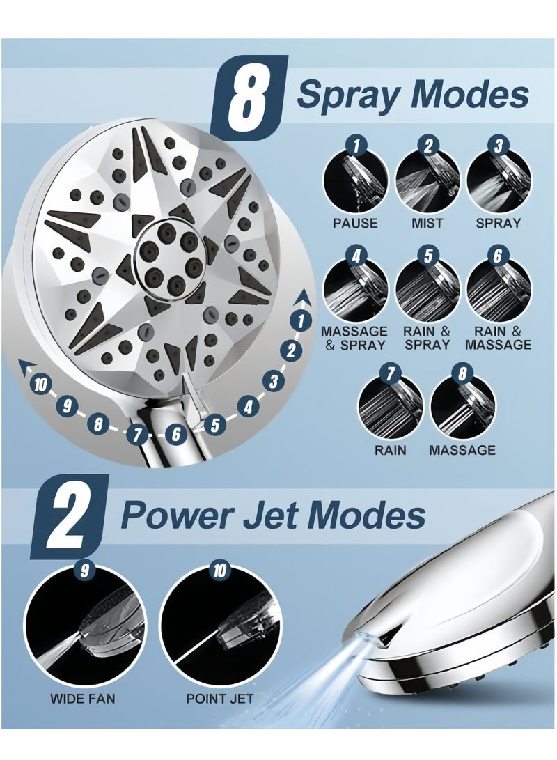 رأس دش عالي الضغط مع رأس دش محمول باليد، 10 أوضاع رش مع خرطوم من الفولاذ المقاوم للصدأ مقاس 59 بوصة وحامل دش غير مثقوب، سهل التركيب، فلتر متضمن، نفث طاقة للتنظيف - Image 3