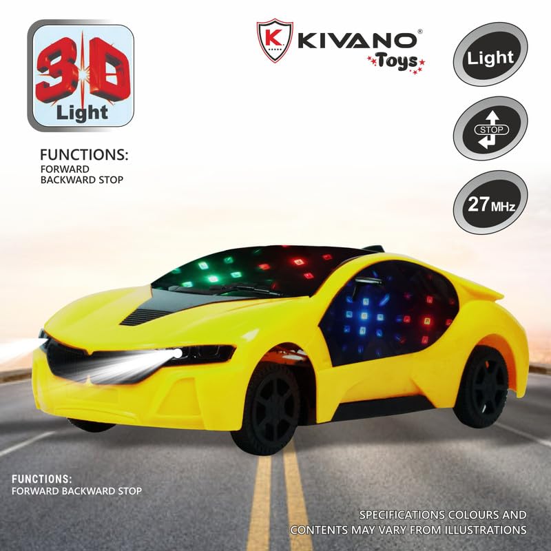 KIVANO Remote Control Two Way Racing Car | Backward and Forward Direction | 3D LED Lights | Assorted Colour | Battery Operated | Ages 3+ | Kids Best Gift - Yellow - Image 3