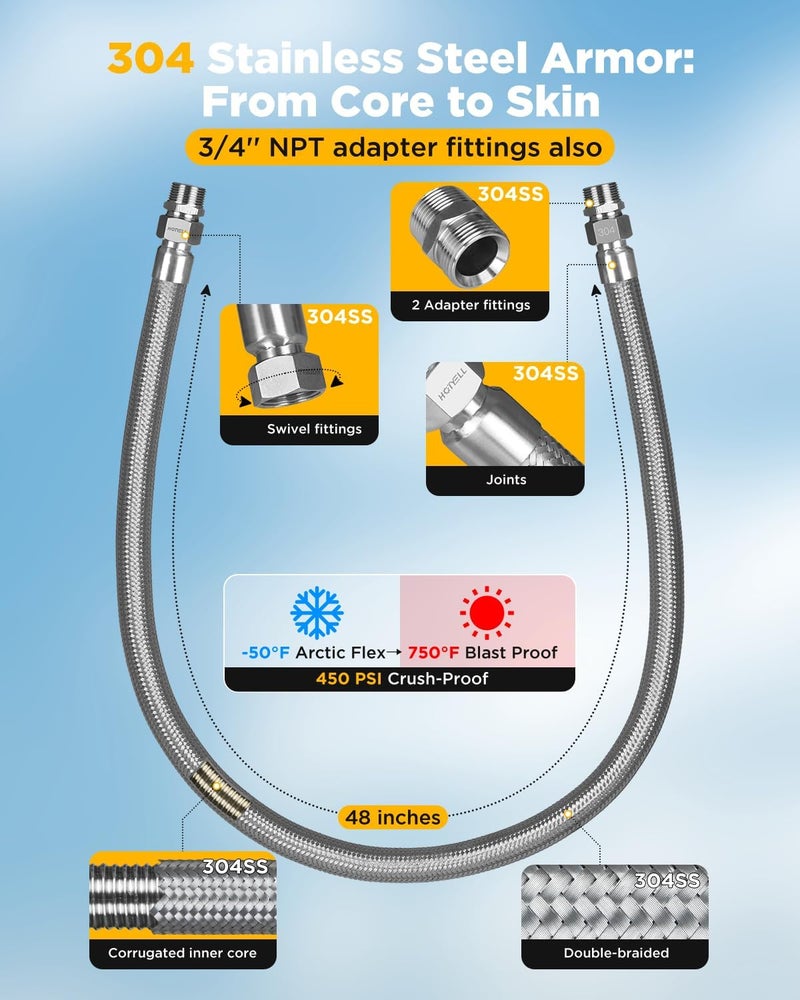 HOTYELL 3/4 Inch NPT Male Compressor Jumper Hose 48" - 750°F/450 PSI Stainless Steel Air Hose - Image 2