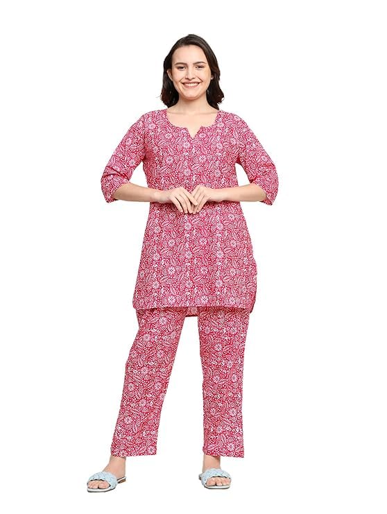 KBNBJ Cotton Printed Co Ord Set - Night Dress & Pajama Set for Women (XX-Large, Red) - Image 1