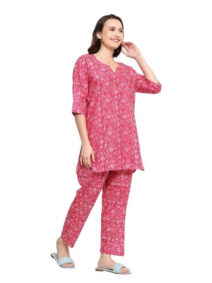 KBNBJ Cotton Printed Co Ord Set - Night Dress & Pajama Set for Women (XX-Large, Red) - Image 5