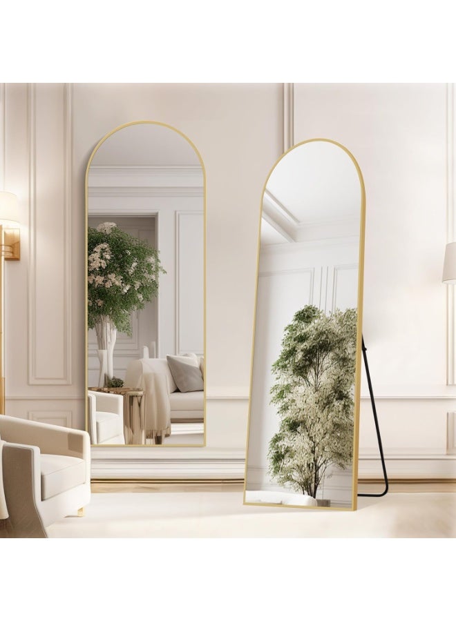 Anti Shock Breakable frame Full length Mirror 150cm x46cm with metal stand and can be hanged on the wall Premium Curved Standing, with 1.6 cm Thick Aluminium Frame and Fixed Back Panel, Decorative Mirror for Living Room, Sleep, Dressing(GOLD - Image 1