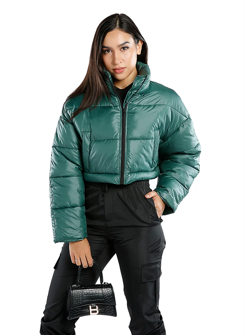 London Rag Green Two Way Detachable Turtleneck Puffer Jacket