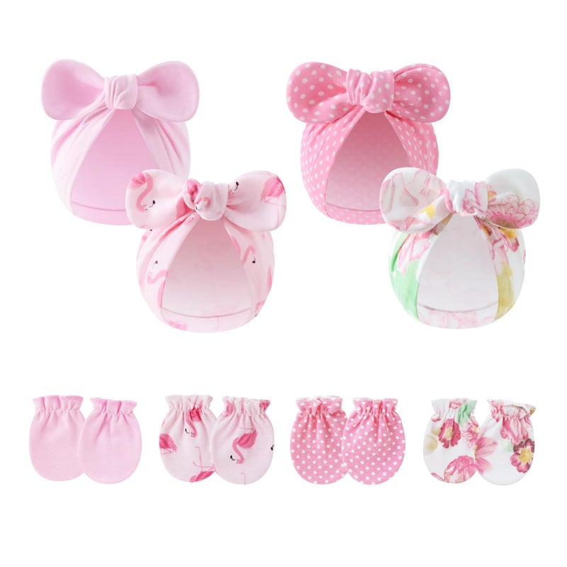 LIDHAY 4PCS Newborn Baby Hospital Hats Beanie Bow Infant Caps Cotton Preemie Hats No Scratch Mittens Set for 0-1 Years Old, Set 04, One Size - Image 1